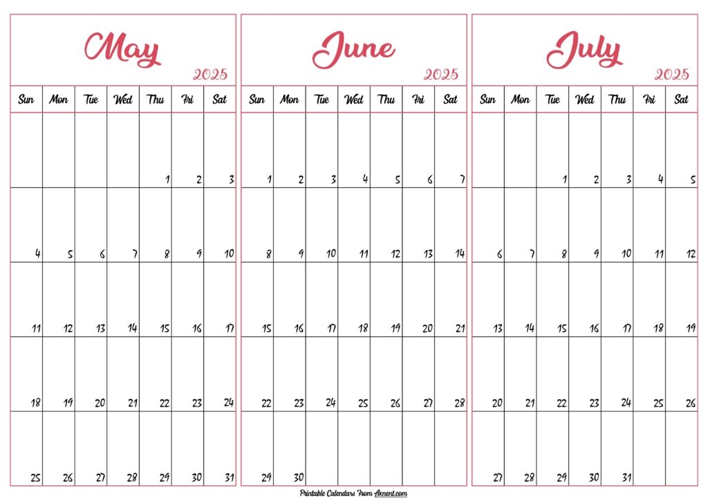 May June July Calendar 2025 Printable