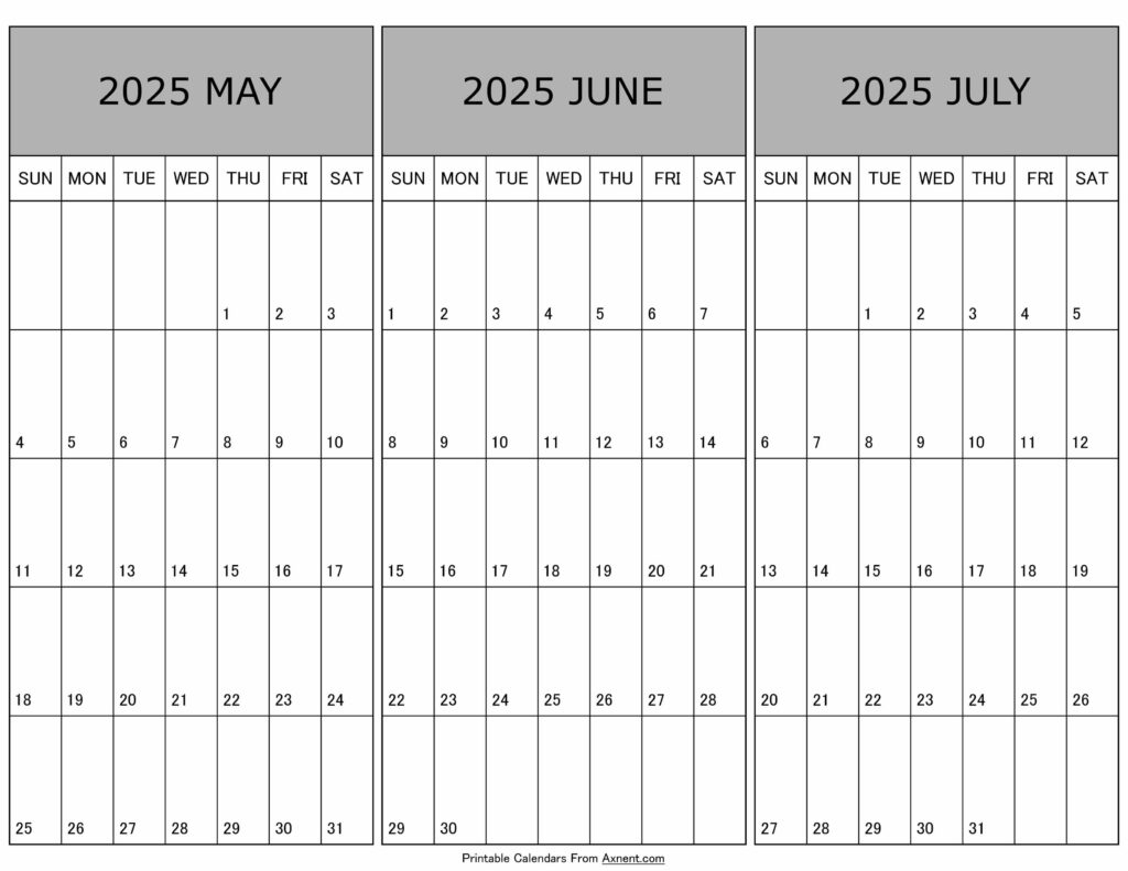 May To July Calendar 2025 Templates Three Months