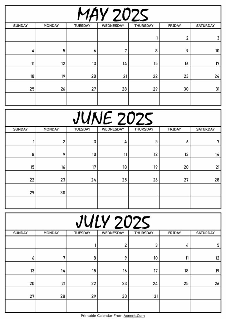 May To July Calendar 2025 Templates Three Months