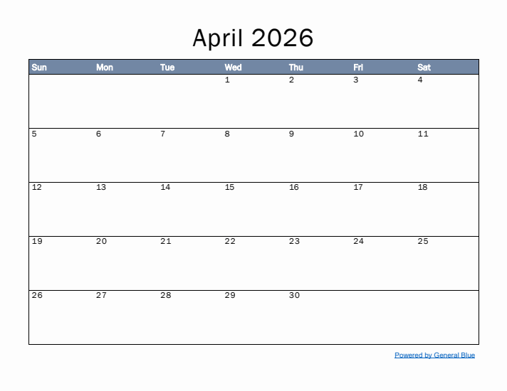 Monthly Calendar Template For April 2026