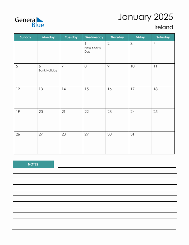 Monthly Planner With Ireland Holidays January 2025