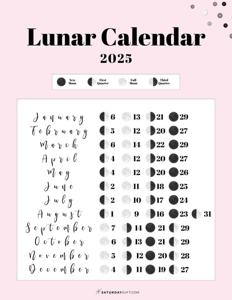 Moon Phase Calendar 12 Cute U0026 Free Printable 2025 Lunar Calendars