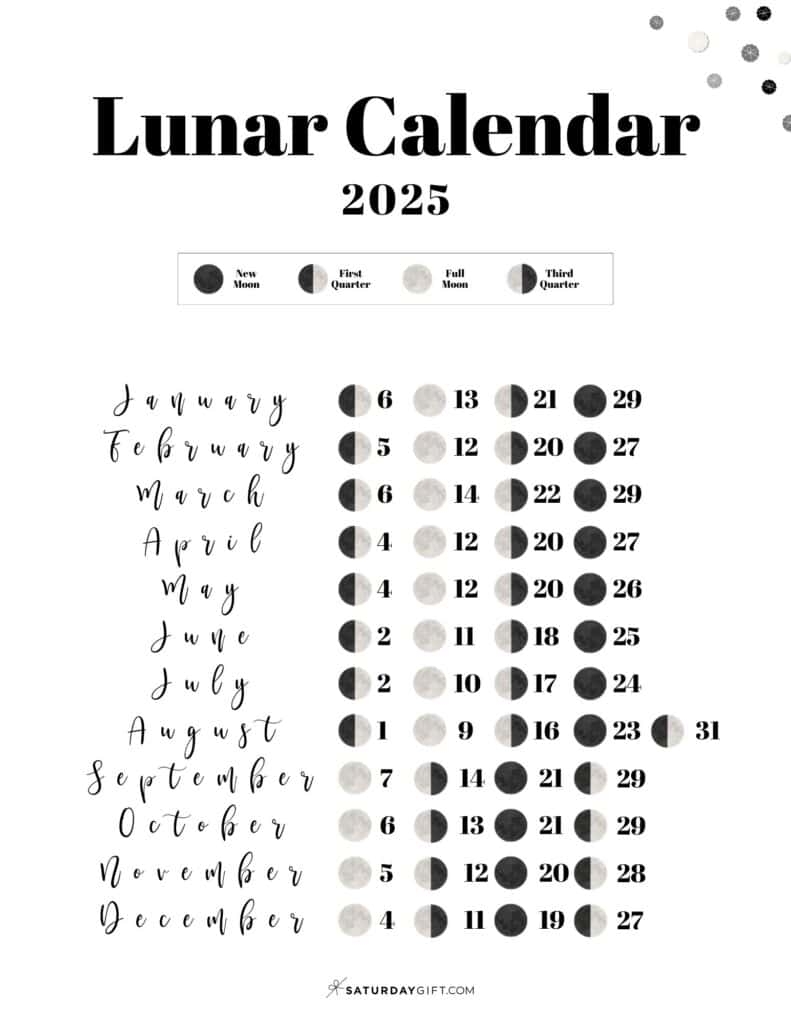 Moon Phase Calendar 12 Cute U0026 Free Printable 2025 Lunar Calendars