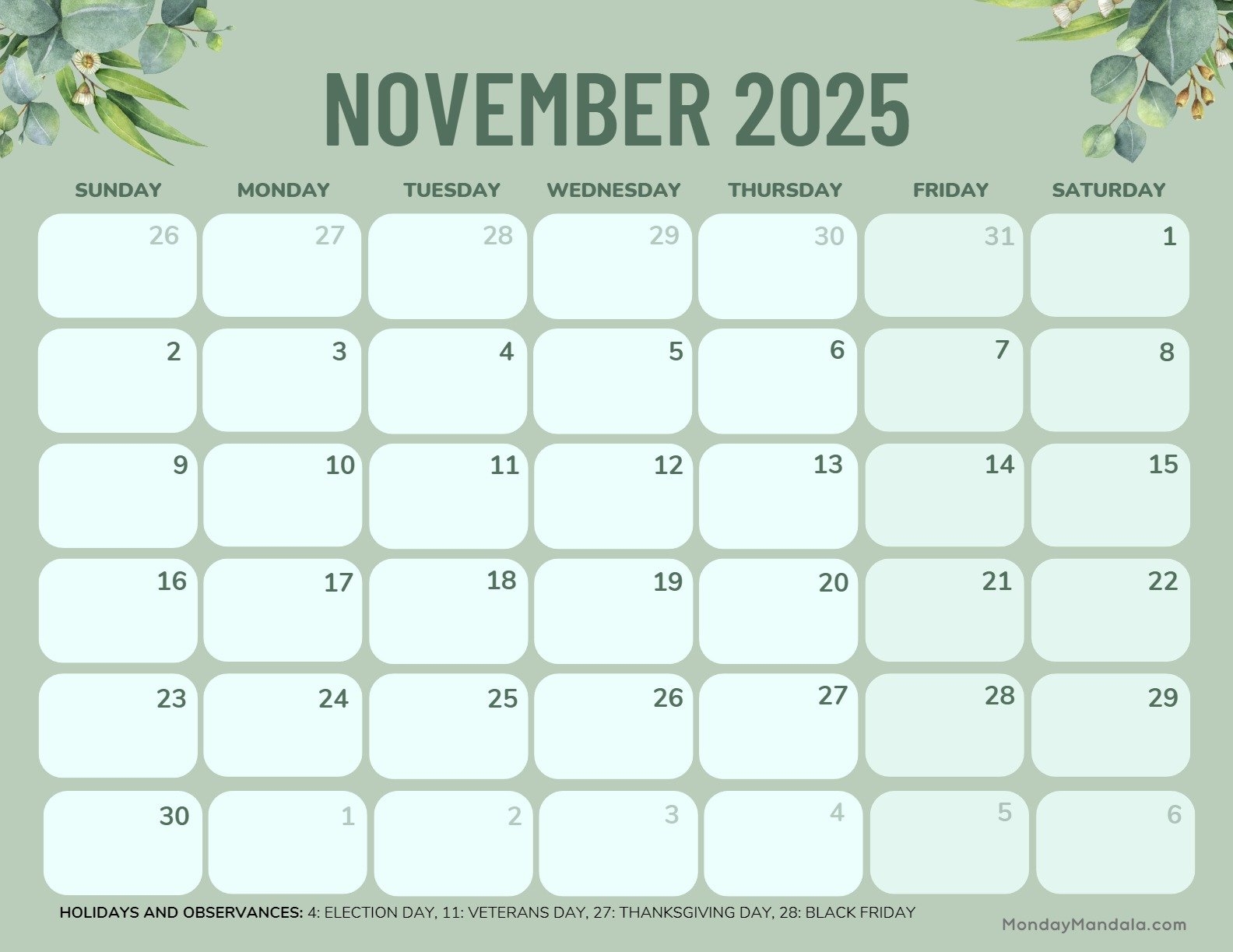 November 2025 Running Calendar Printable
