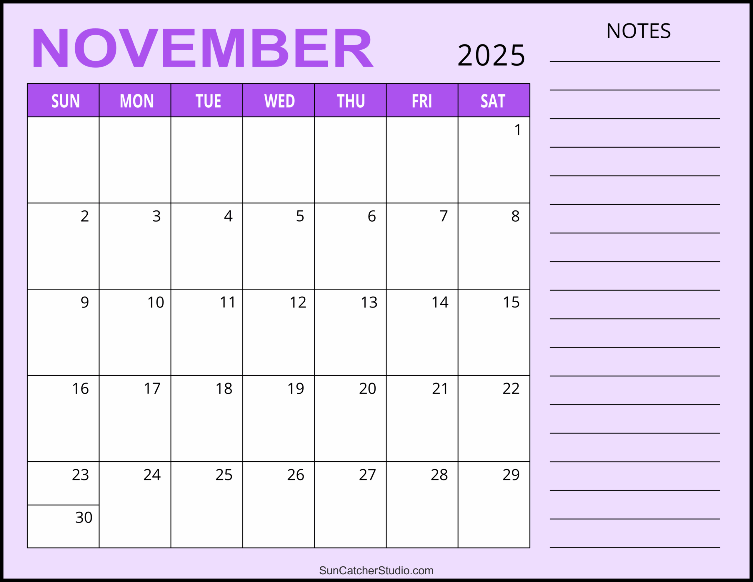 November 2025 Printable Calendar With Notes