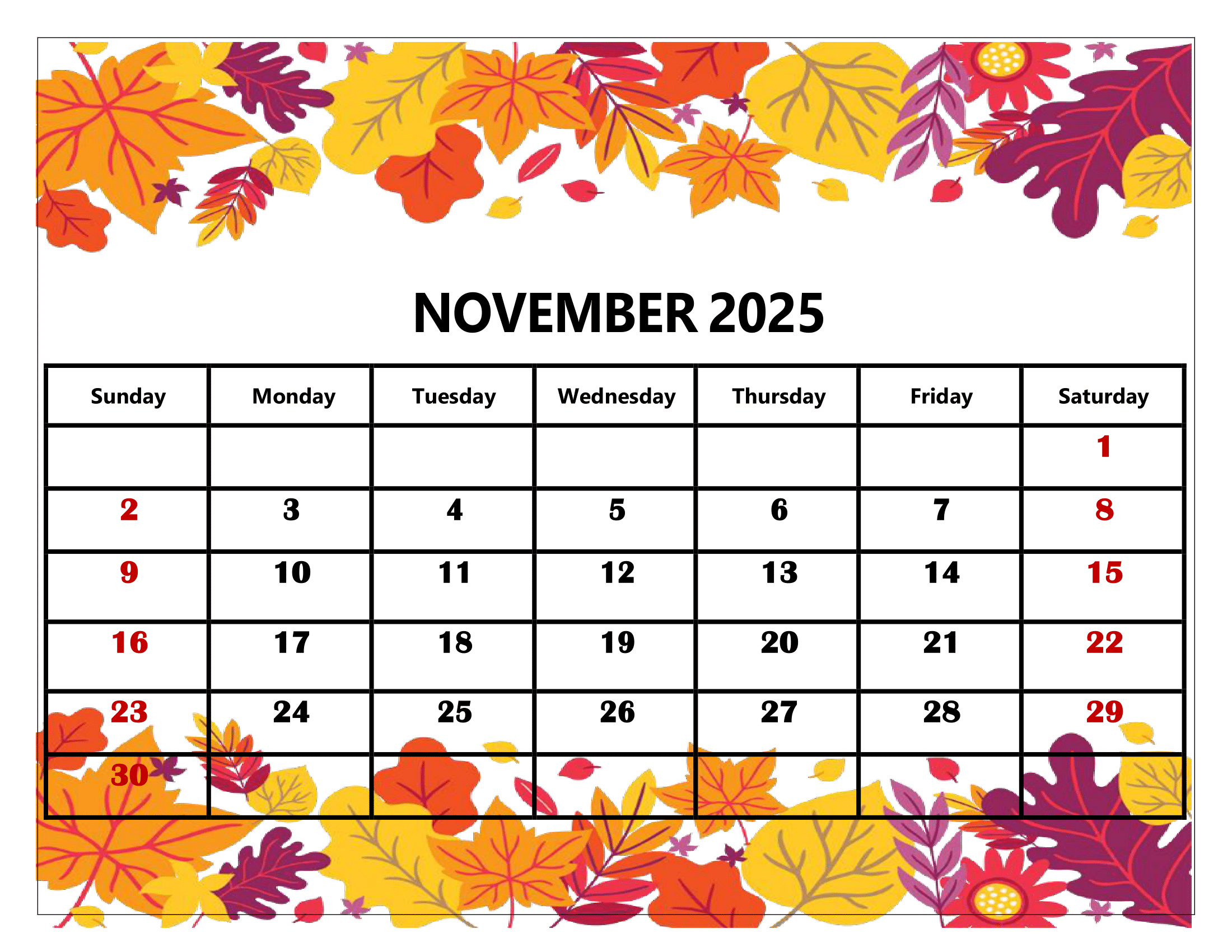 Fun November 2025 Calendar Printable