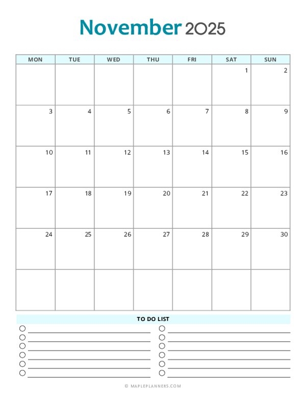 November 2025 Calendar Template Monday Start