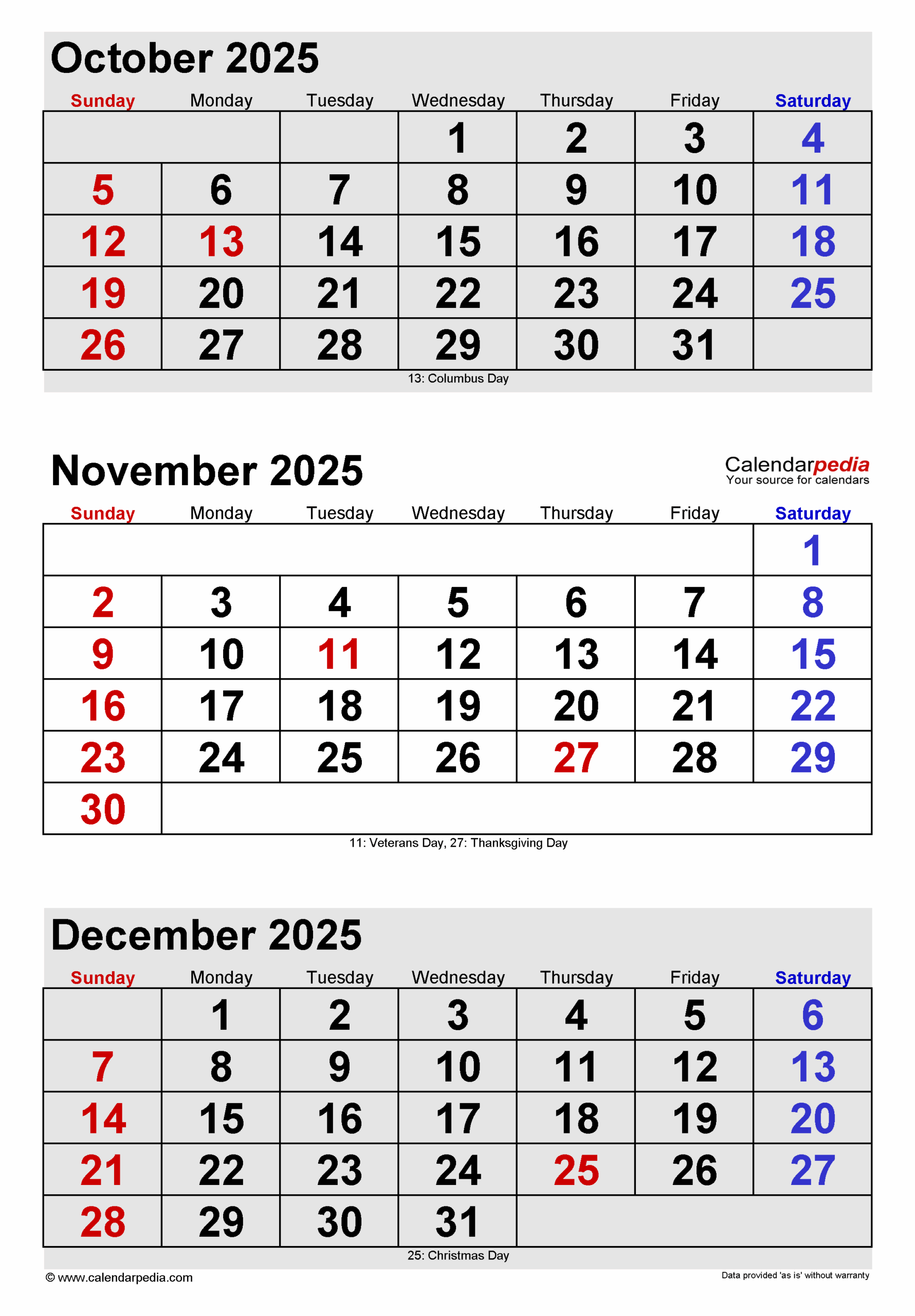 October November December Calendar 2025