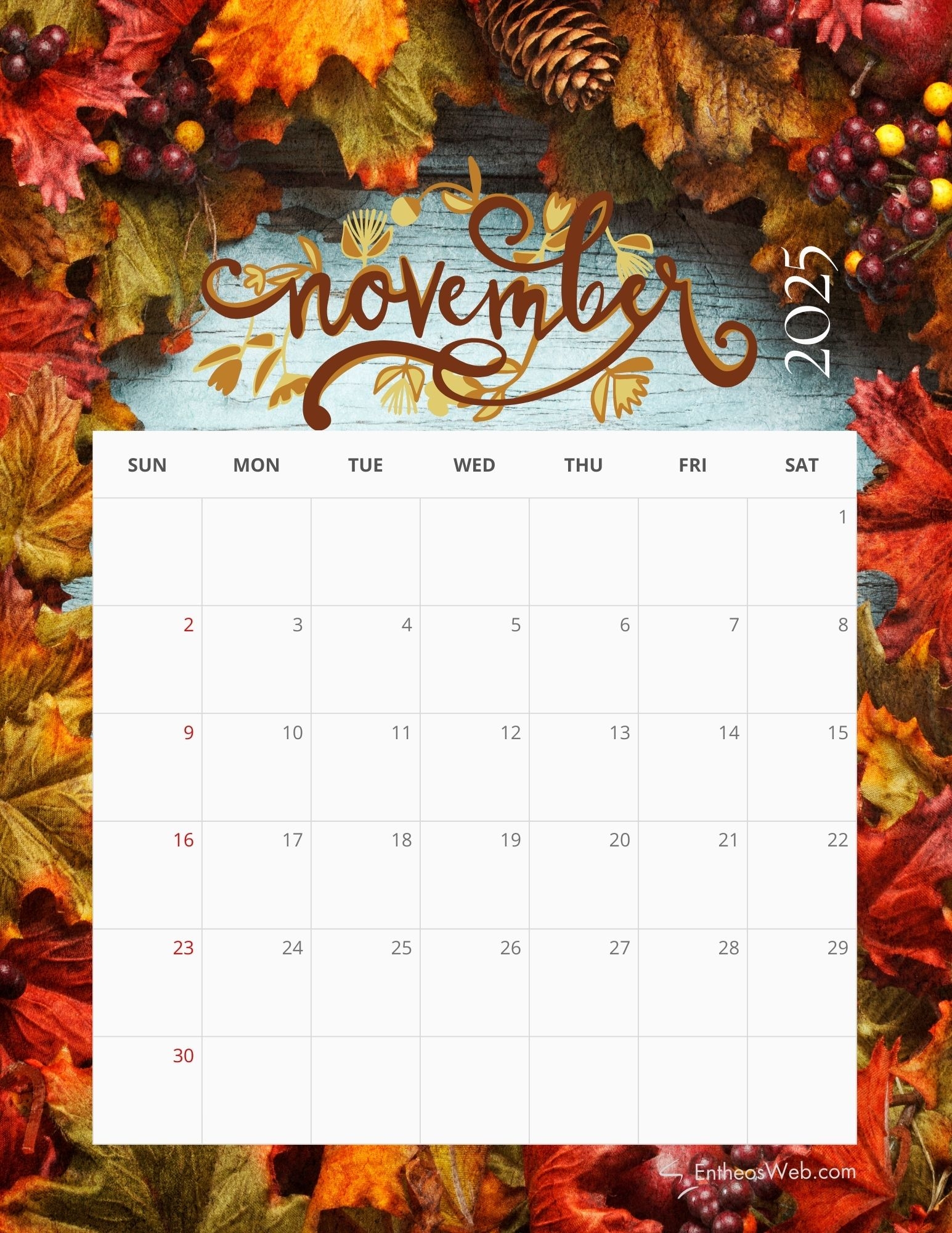 November 2025 Calendar Printable Free Europ Style