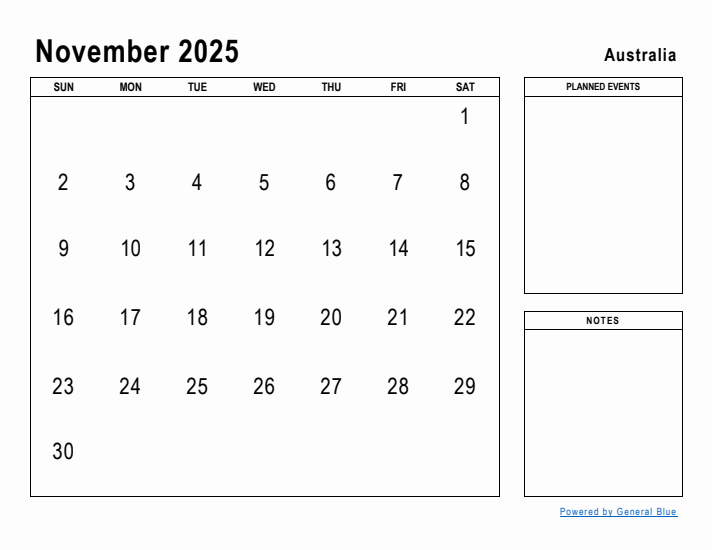 November 2025 Monthly Calendar With Australia Holidays