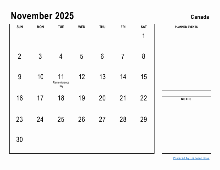 November 2025 Monthly Calendar With Canada Holidays