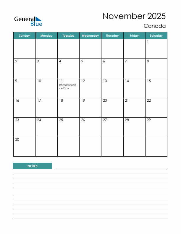 November 2025 Calendar Canada Printable