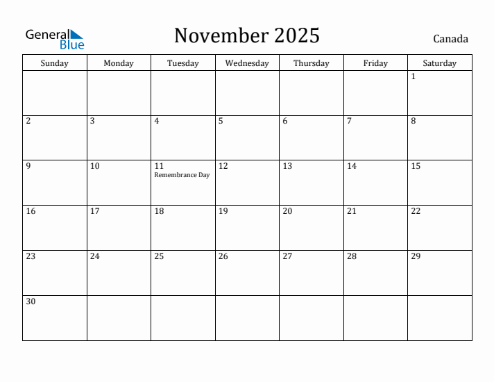 November 2025 Monthly Calendar With Canada Holidays
