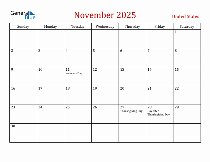 November 2025 United States Monthly Calendar With Holidays