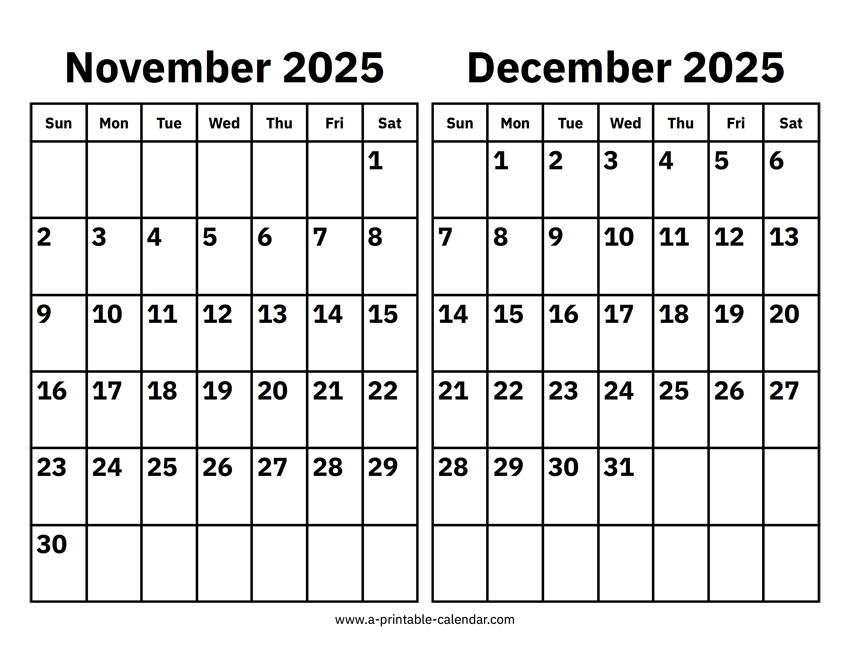 November And December 2025 Calendar A Printable Calendar