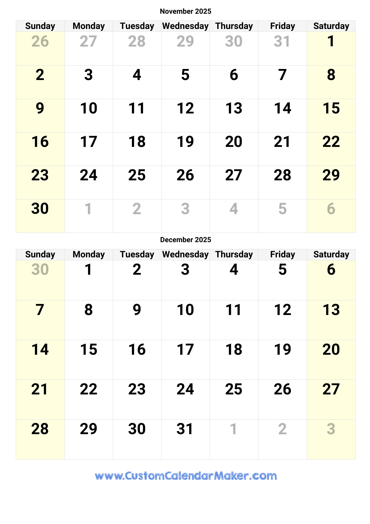 November And December 2025 Printable Calendar