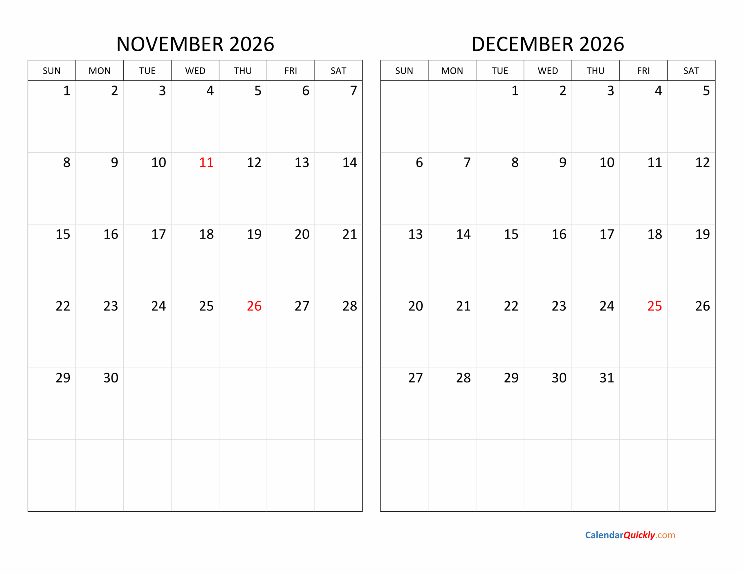 Printable Calendar November December 2026 January 2026