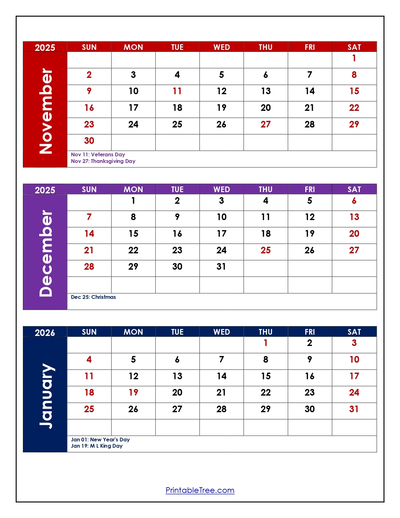 November 2026 December 2026 January 2026 Calendar Printable