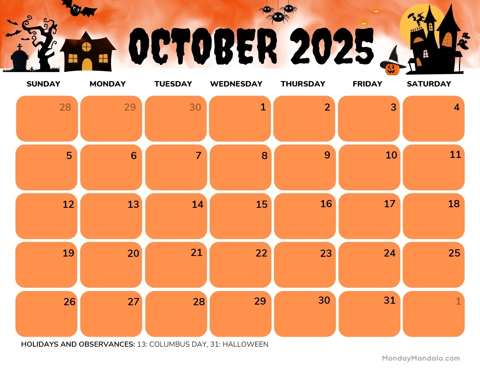 October 2025 Calendar Halloween Printable