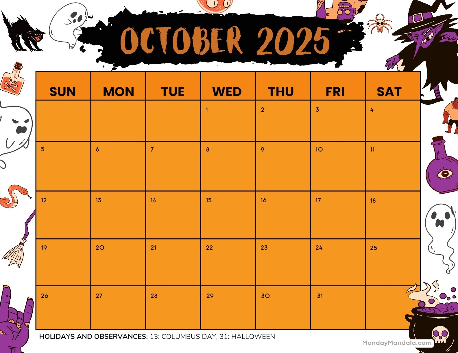 October Calendar 2025 Halloween