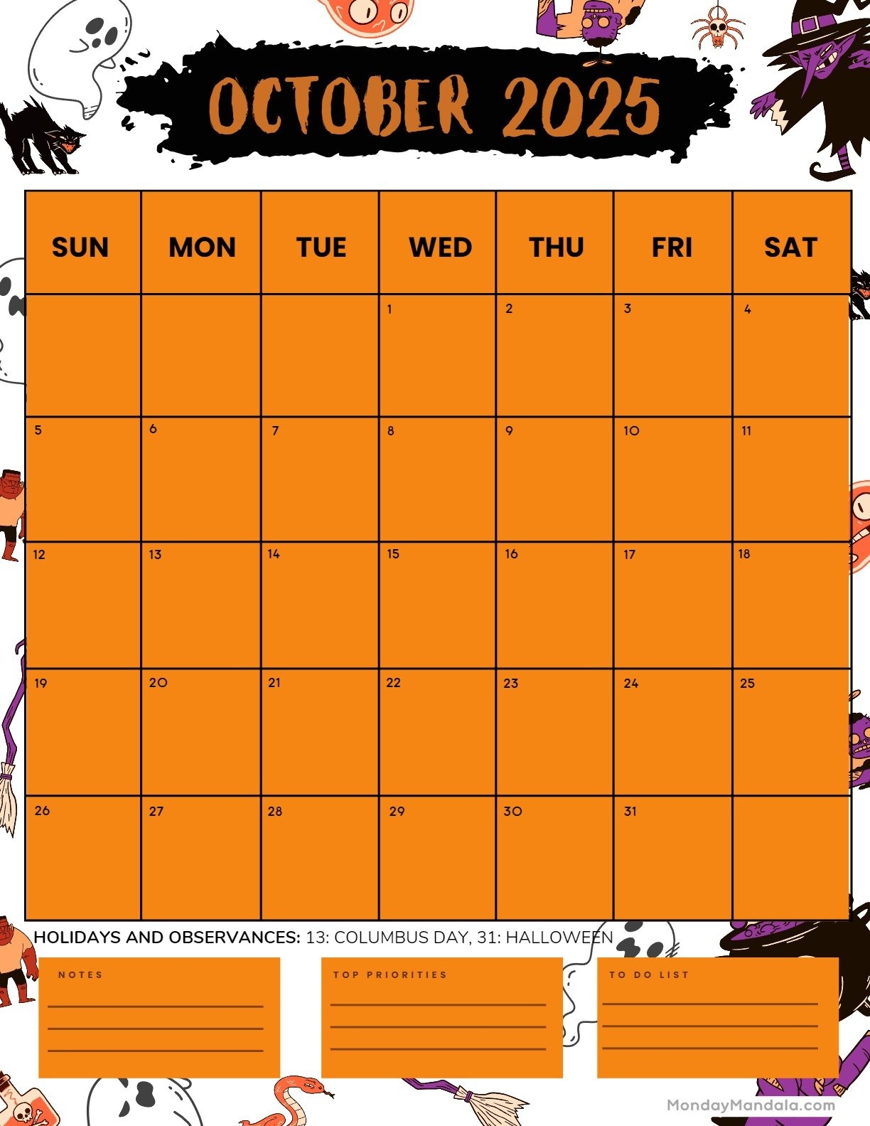 Halloween October 2025 Calendar Printable