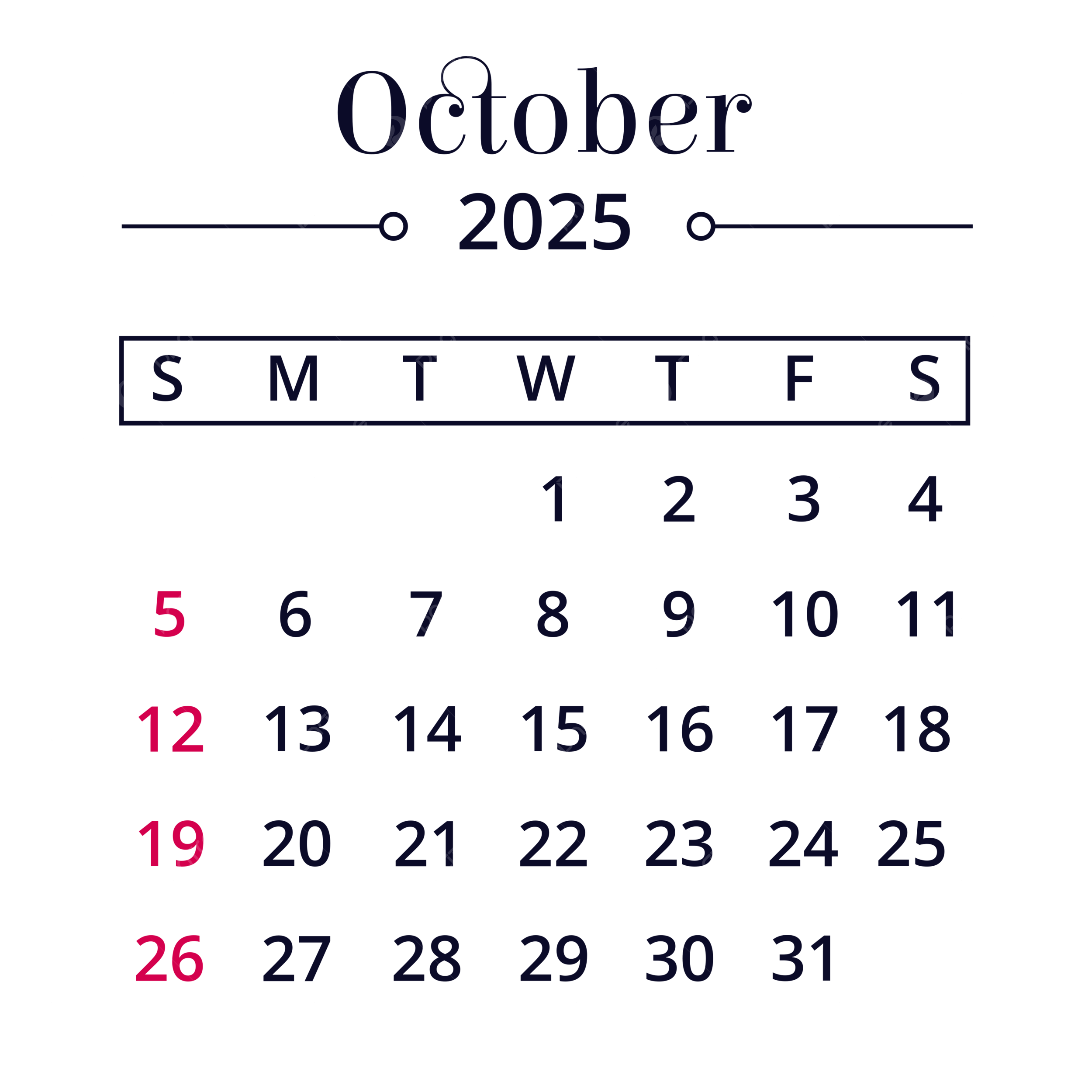 October 2025 Calendar PNG Transparent Images Free Download 