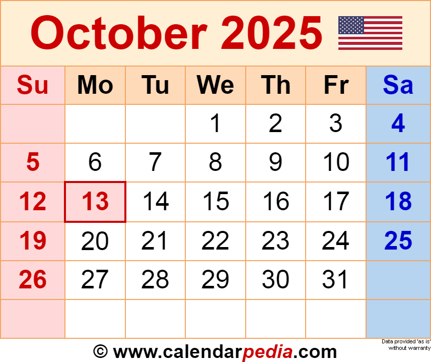 October 2025 Calendar Templates For PDF Excel And Word