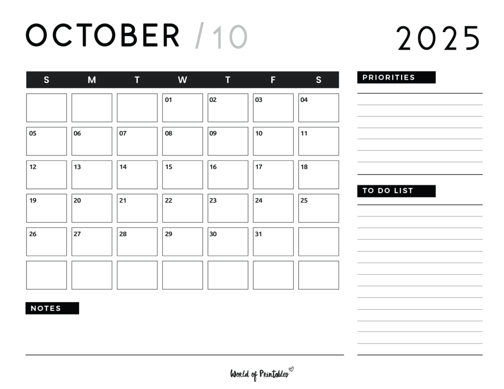 October 2025 Calendars 130 Styles World Of Printables
