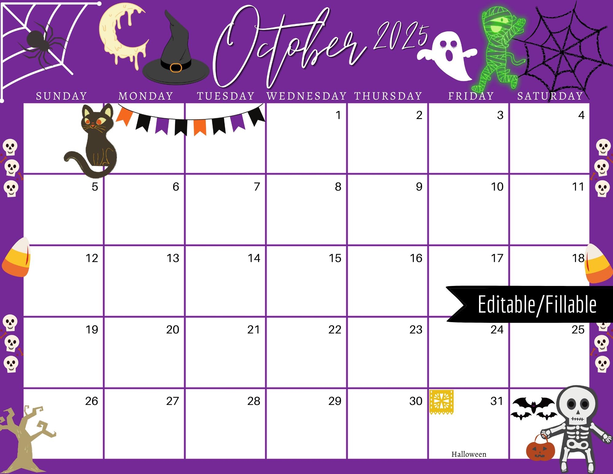 October 2025 Digital Calendar Purple Halloween Planner Editable 