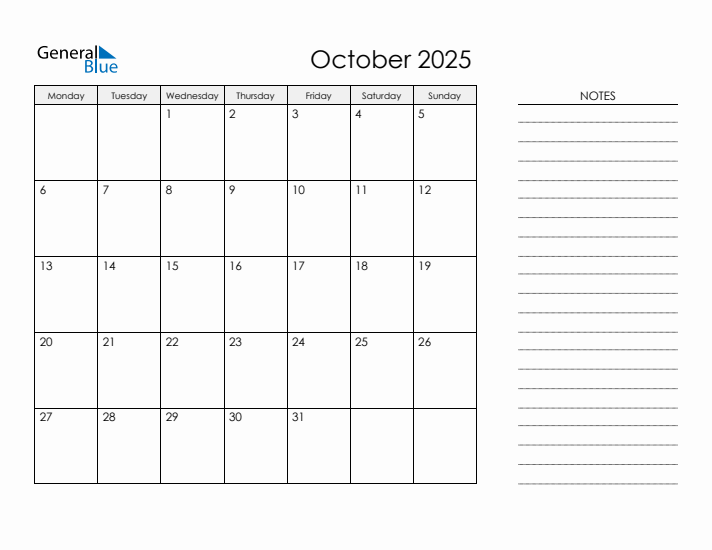 October 2025 Monday Start Calendar PDF Excel Word 