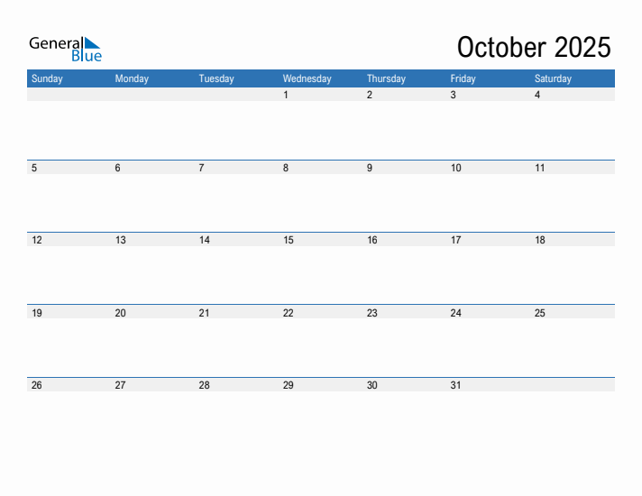 October 2025 Monthly Calendar PDF Word Excel 