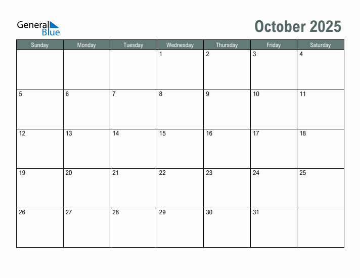 October 2025 Monthly Calendar PDF Word Excel 