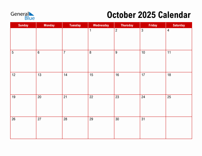 October 2025 Monthly Calendar PDF Word Excel 