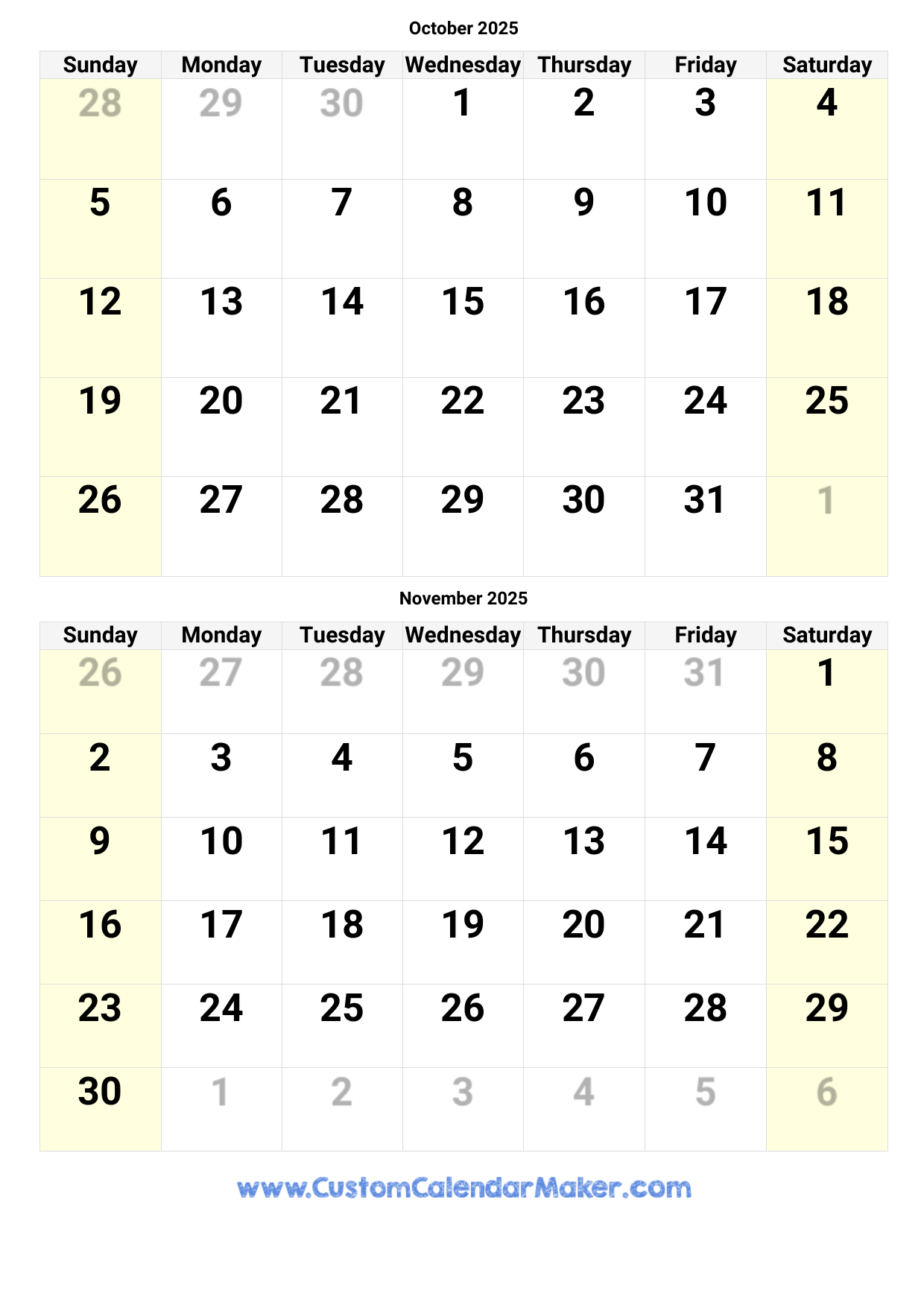 October And November 2025 Calendar Printable
