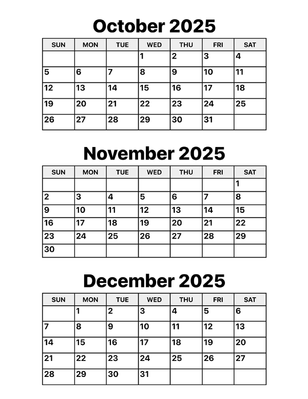 October November And December 2025 Calendar Calendar Options