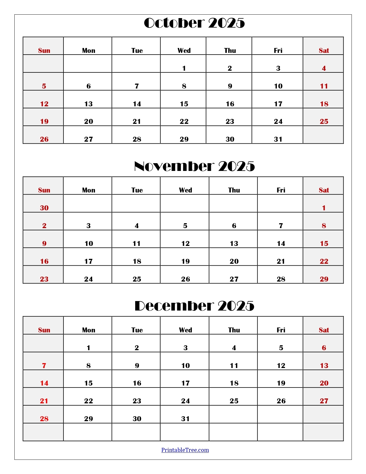 Printable Calendar October November December 2025