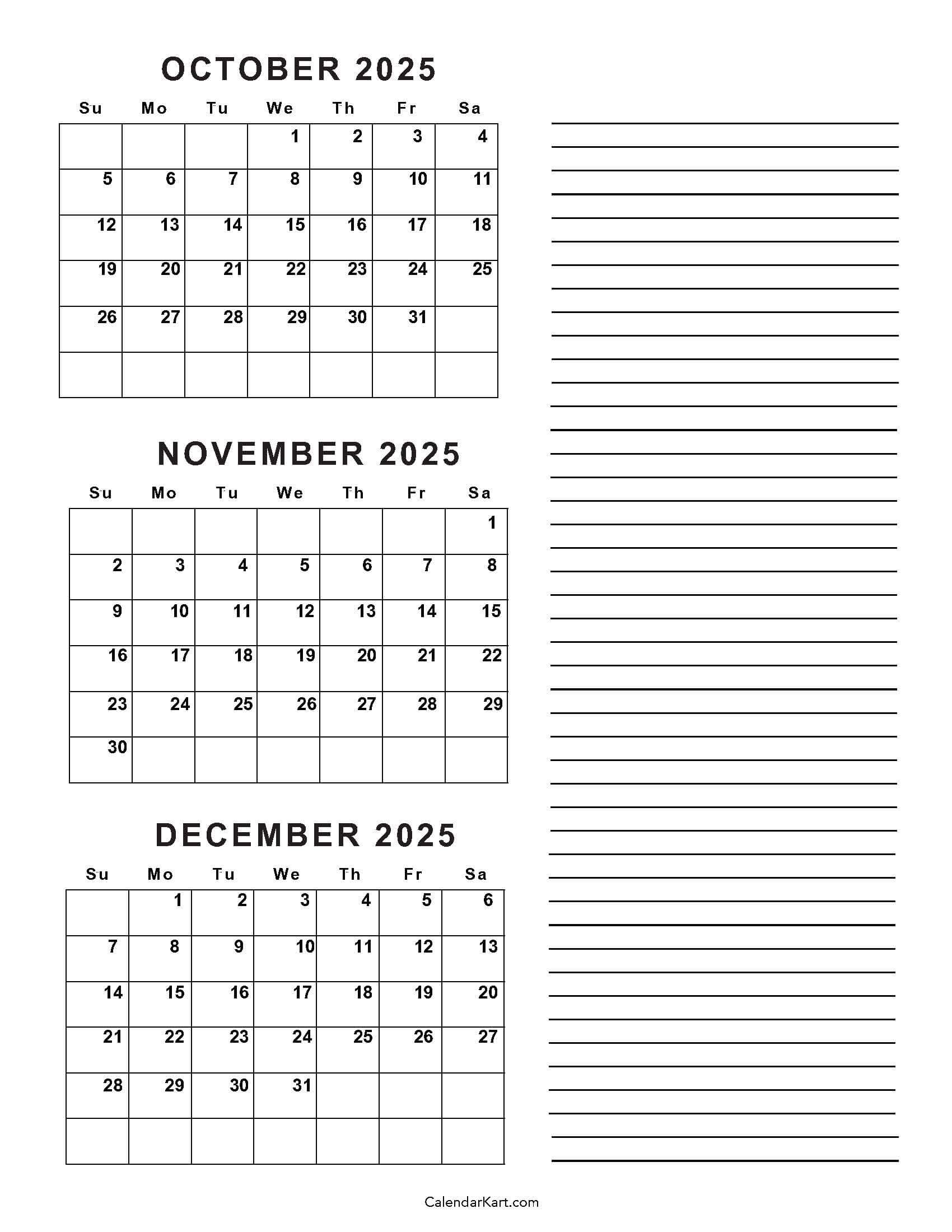 Printable 3 Month Calendar October November December 2025
