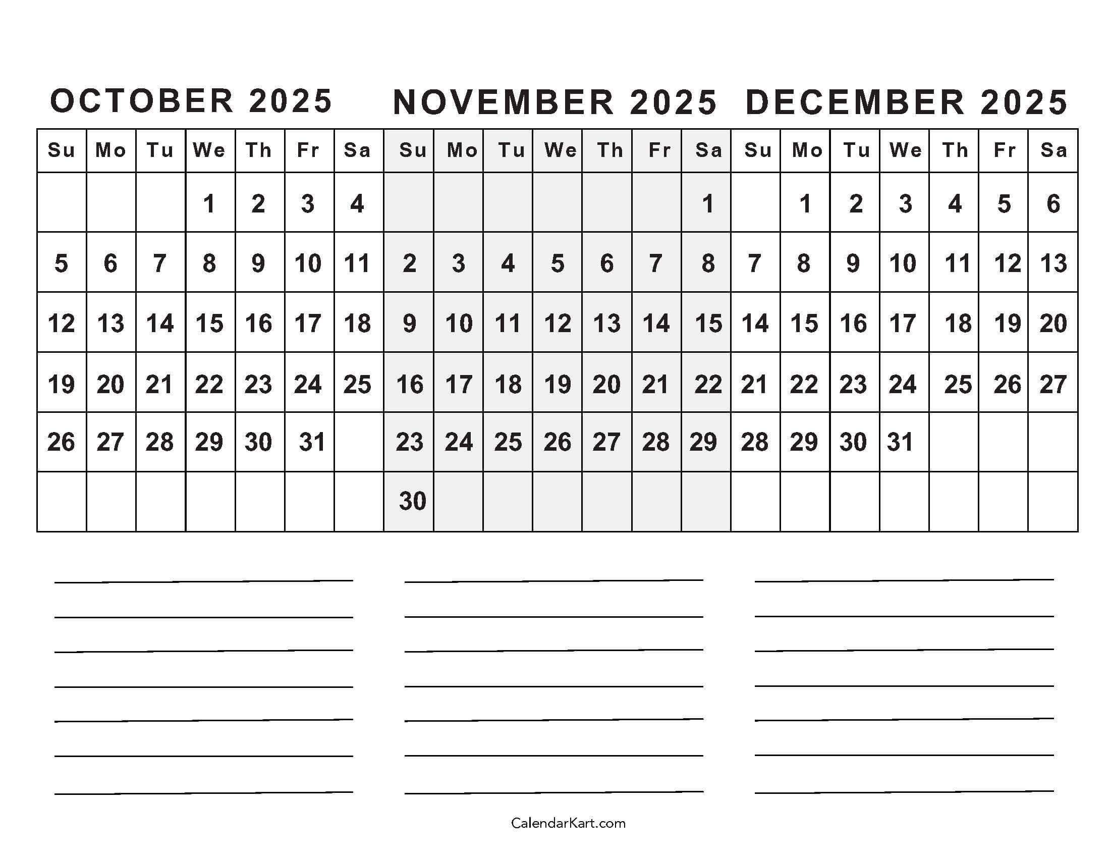 October And November Calendar 2025