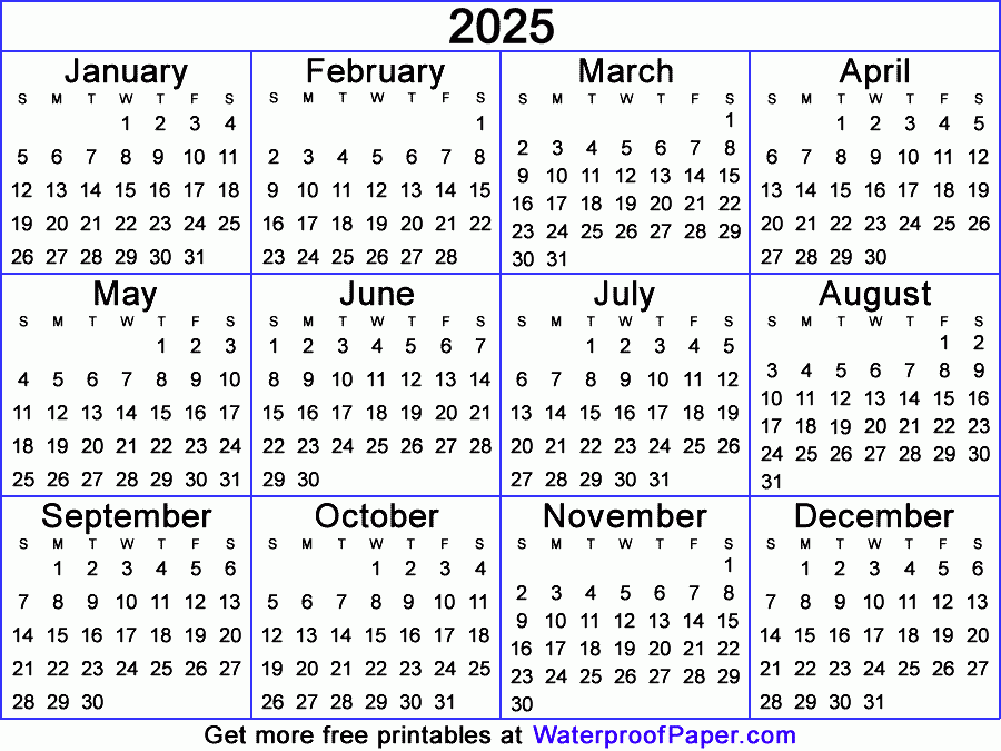 One Page Calendar Free Printable For 2025