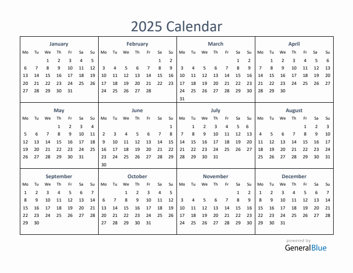 One Page Yearly Calendar 2025 PDF Excel Word 