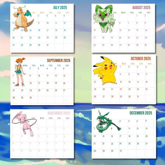 Pokemon Printable Calendar 2025 Gaming Game Game Room Decor Gaming Gifts Wall Art Calendars Pikachu Mew Rayquaza Ash May Etsy