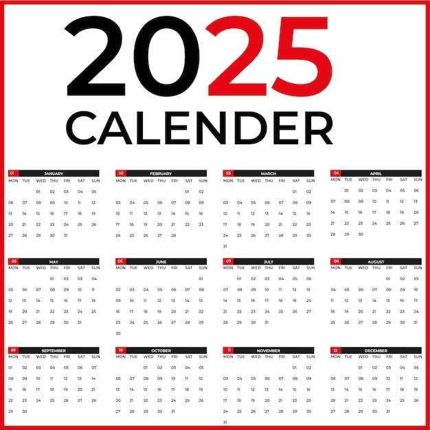 Premium Vector Calendar Template For The Year 2025 Modern Minimalist Style Week Starts On Monday Vector Printable