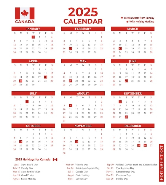 Premium Vector Canada 2025 Yearly Calendar With National Holidays