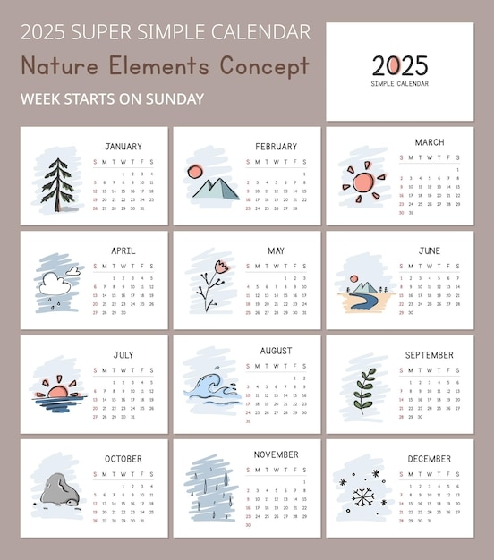 Premium Vector Simple 2025 Calendar Template With Cute Nature 