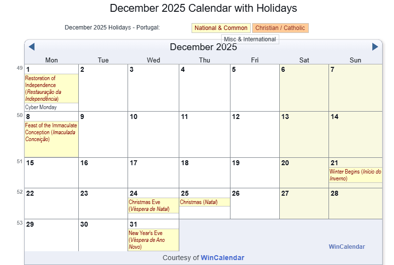 Print Friendly December 2025 Portugal Calendar For Printing