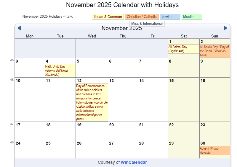 Print Friendly November 2025 Italy Calendar For Printing