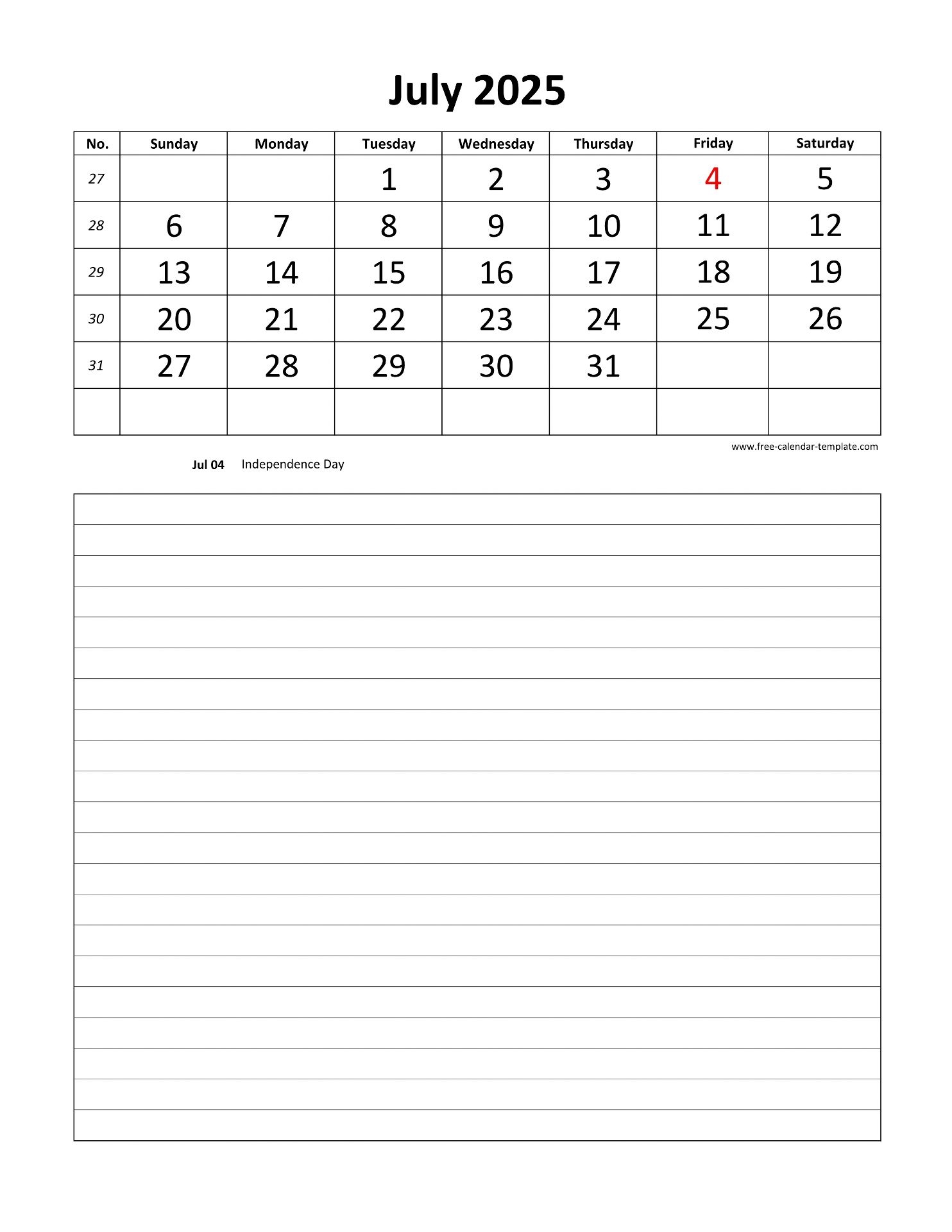 Daily Calendar 2025 July