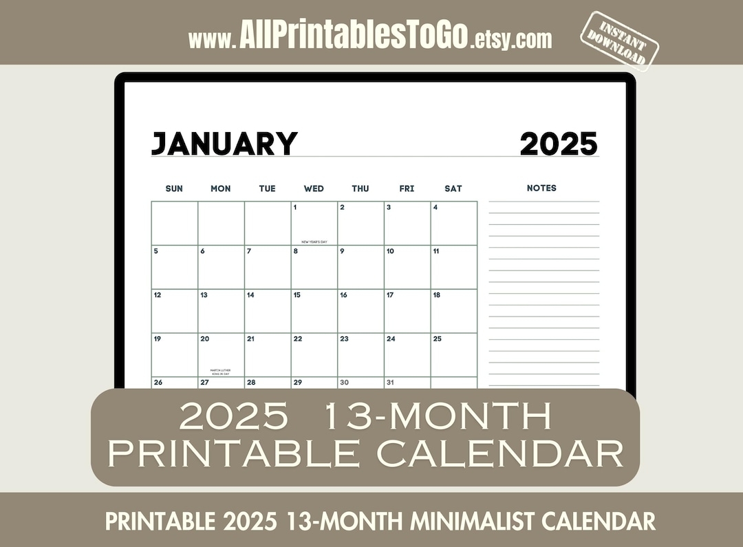 Printable 2025 Monthly Calendar With Side Notes Section Minimalist 13 month Landscape Calendar Monday And Sunday Weeks US Letter U0026 A4 Etsy