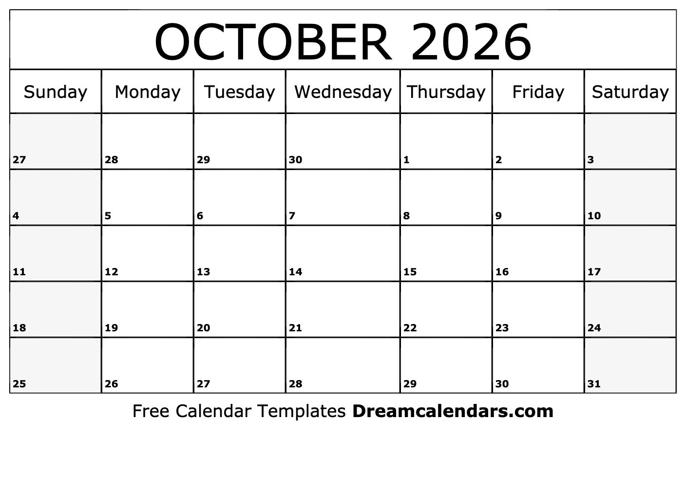 Free Printable October 2026 Calendar