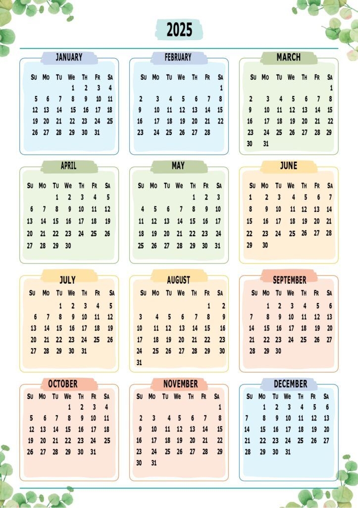 Printable Calendar 2025 One Page With Holidays Single Page 2025 Yearly Blank PDF Templates